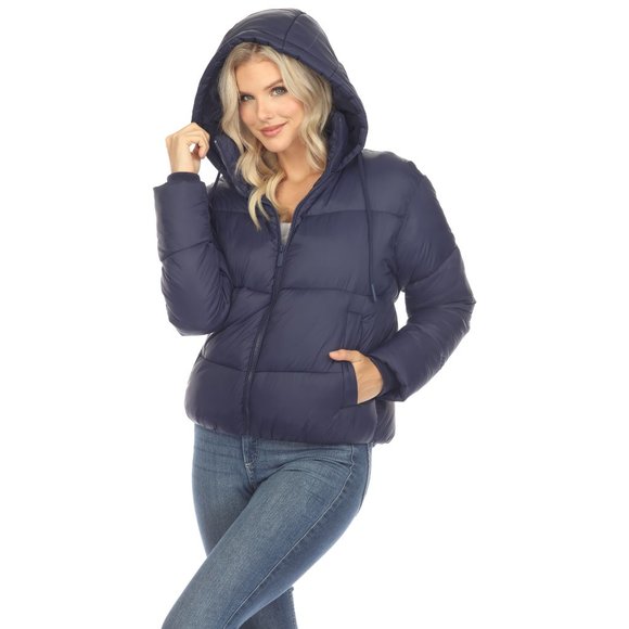 Women's Full Front Zip Hooded Bomber Puffer Jacket - Picture 1 of 7